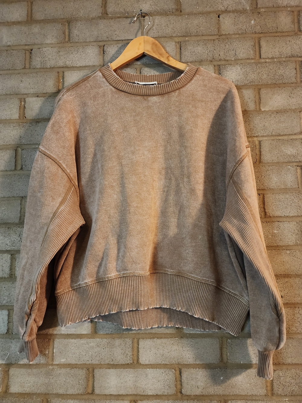 Zenana Outfitters Washed Taupe Crewneck Sweater